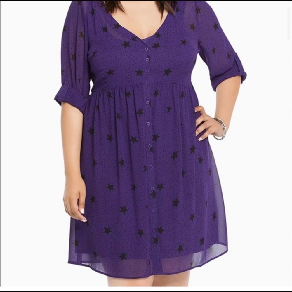 TORRID Purple & Black Star Print Chiffon Button Up Shirt Dress Womens 00 Medium